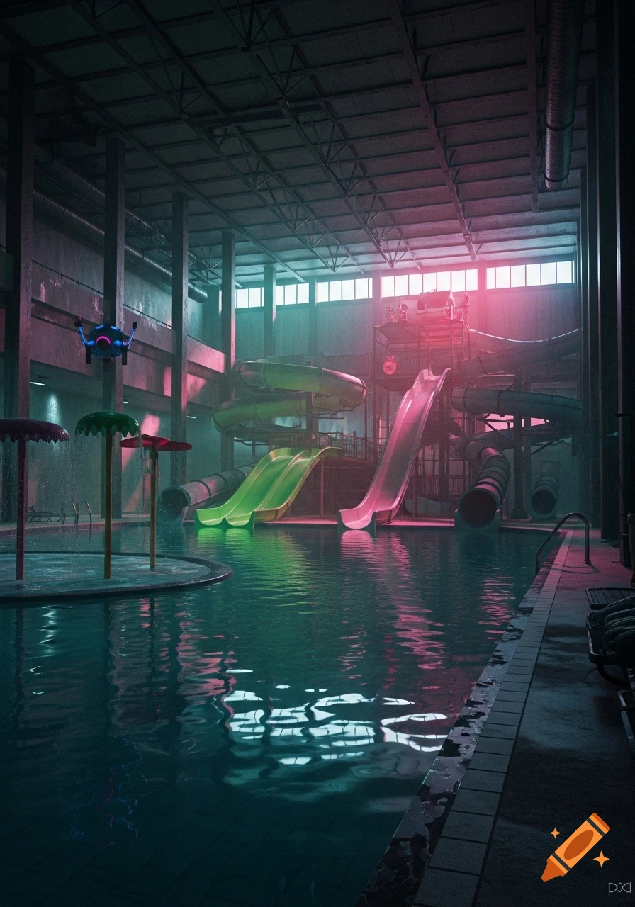 A dimly lit, unsettling indoor water park with green and pink slides and a swimming pool, reflecting the dreamcore aesthetic.