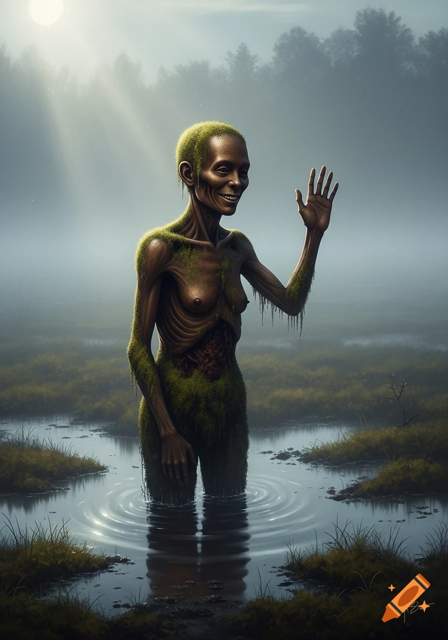 A skeletal, moss-covered figure with a smile rises from a foggy swamp, waving at the viewer under a pale moon.