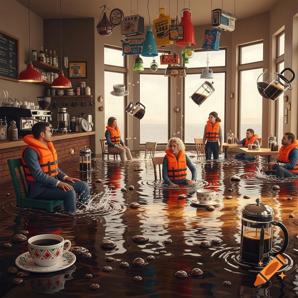 A surreal coffee shop interior flooded with coffee, showing people in orange life jackets sitting in the water with floating cups and French presses.