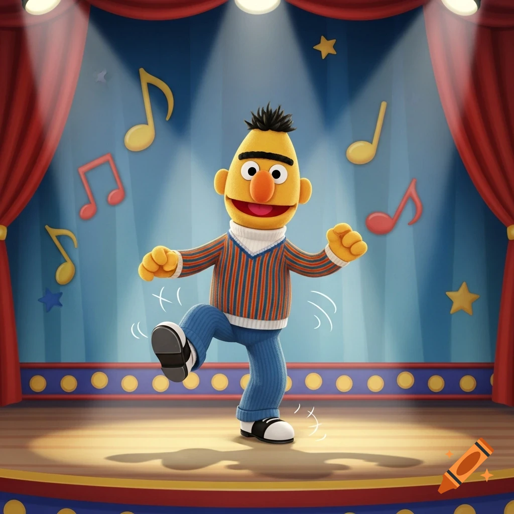 Bert from Sesame Street tap dances on a brightly lit stage with musical notes floating around him in a 3D rendering style.