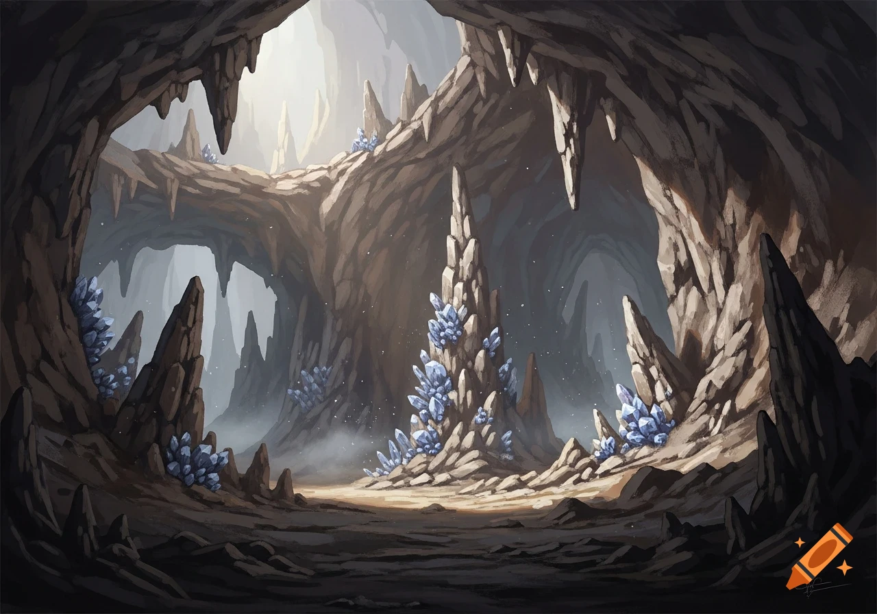 An illustration of a large cave interior with jagged rock formations, glowing blue crystals, and light filtering from above.