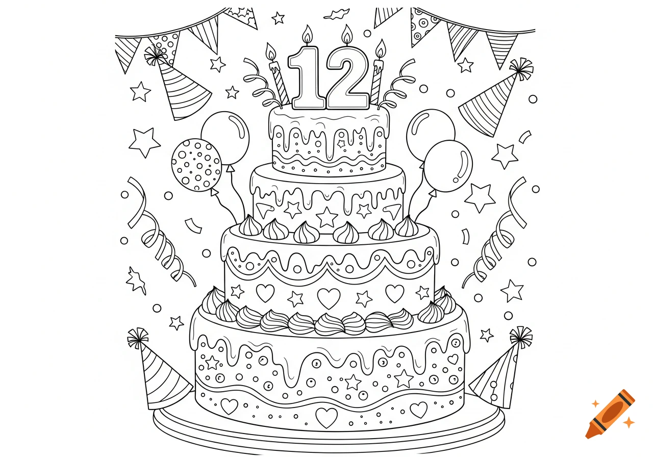 Black and white line drawing of a three-tiered 12th birthday cake with balloons, party hats, and streamers.