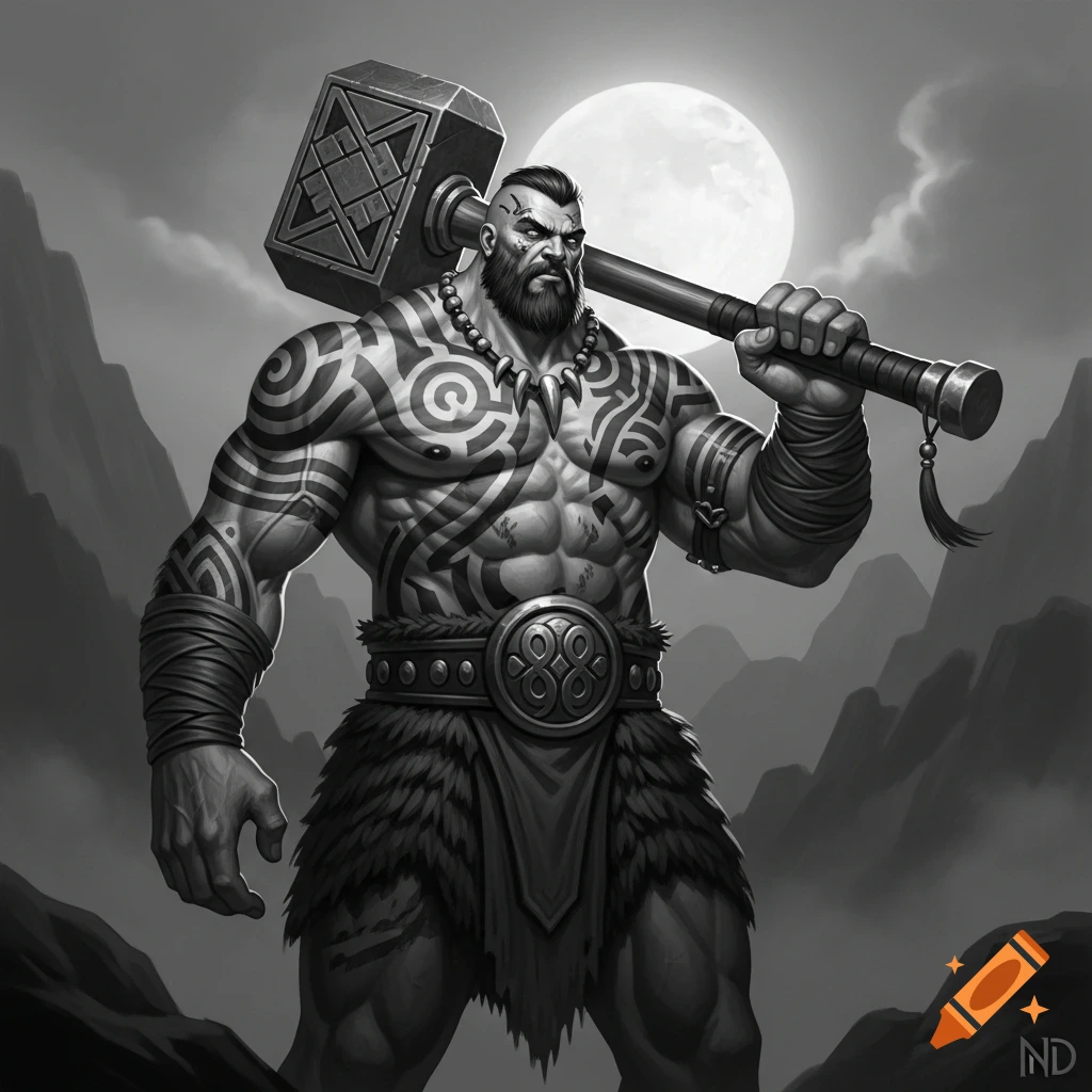 A muscular, tattooed barbarian Goliath with a beard stands holding a maul over his shoulder against a moonlit, mountainous backdrop.