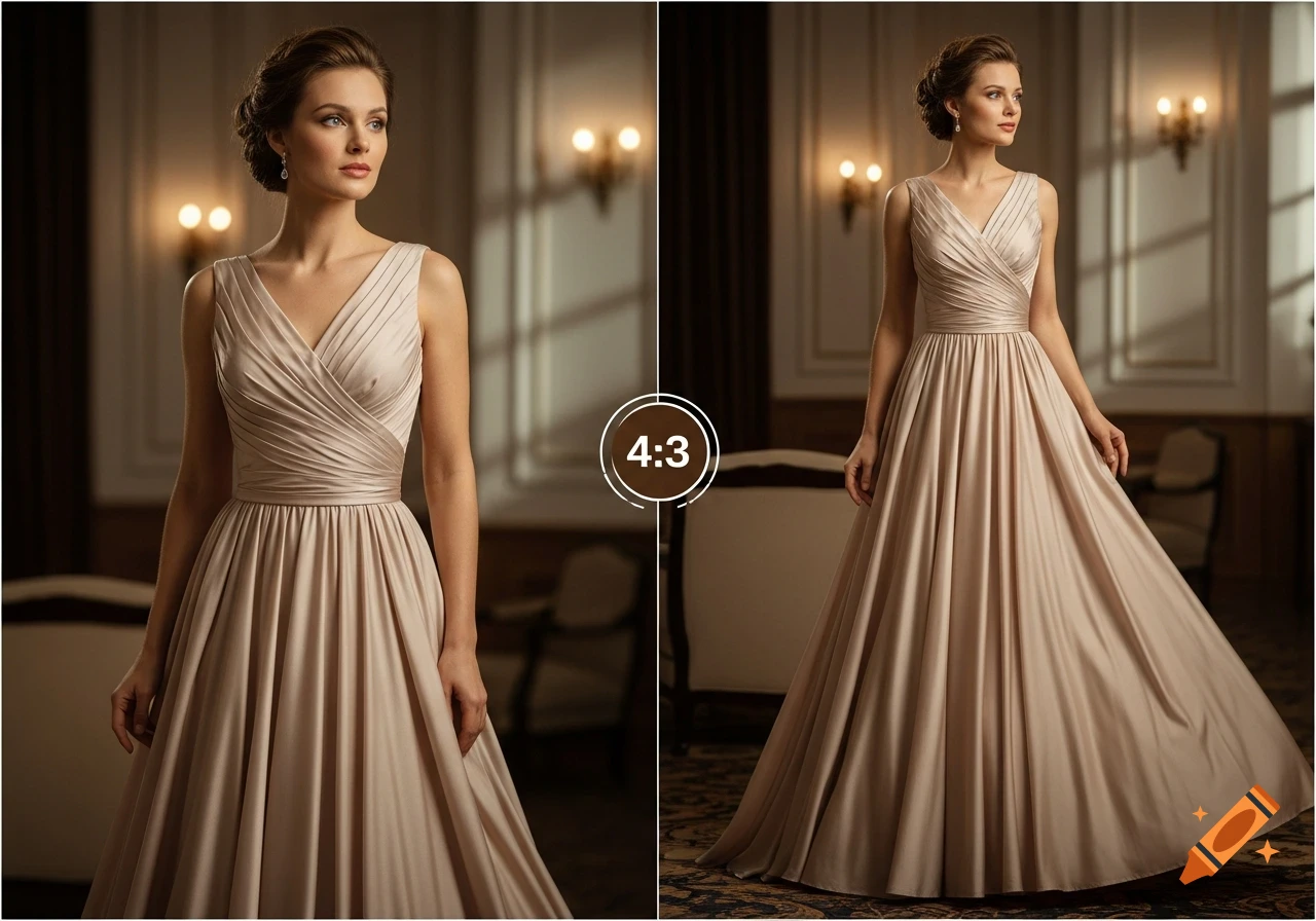 Elegant woman in a flowing beige dress in a glamorous, softly lit room, captured in a photorealistic style.