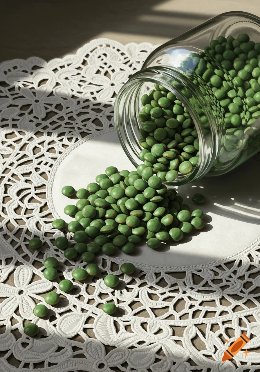 Green lentils spilled from a glass jar onto a white lace doily, illuminated by sunlight.