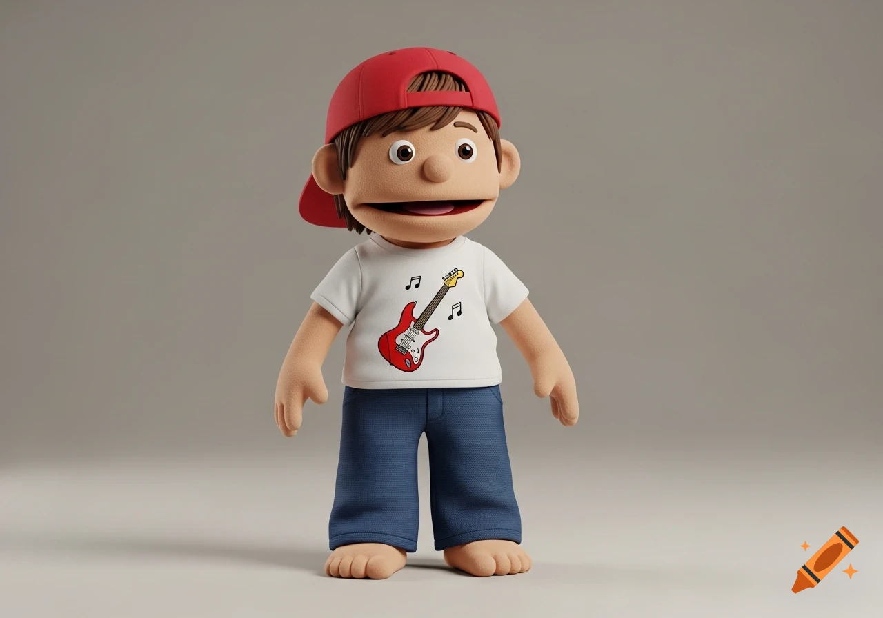 A 3D rendered puppet character wearing a red baseball cap, white t-shirt with a red electric guitar, and blue pants, standing on a light gray background.