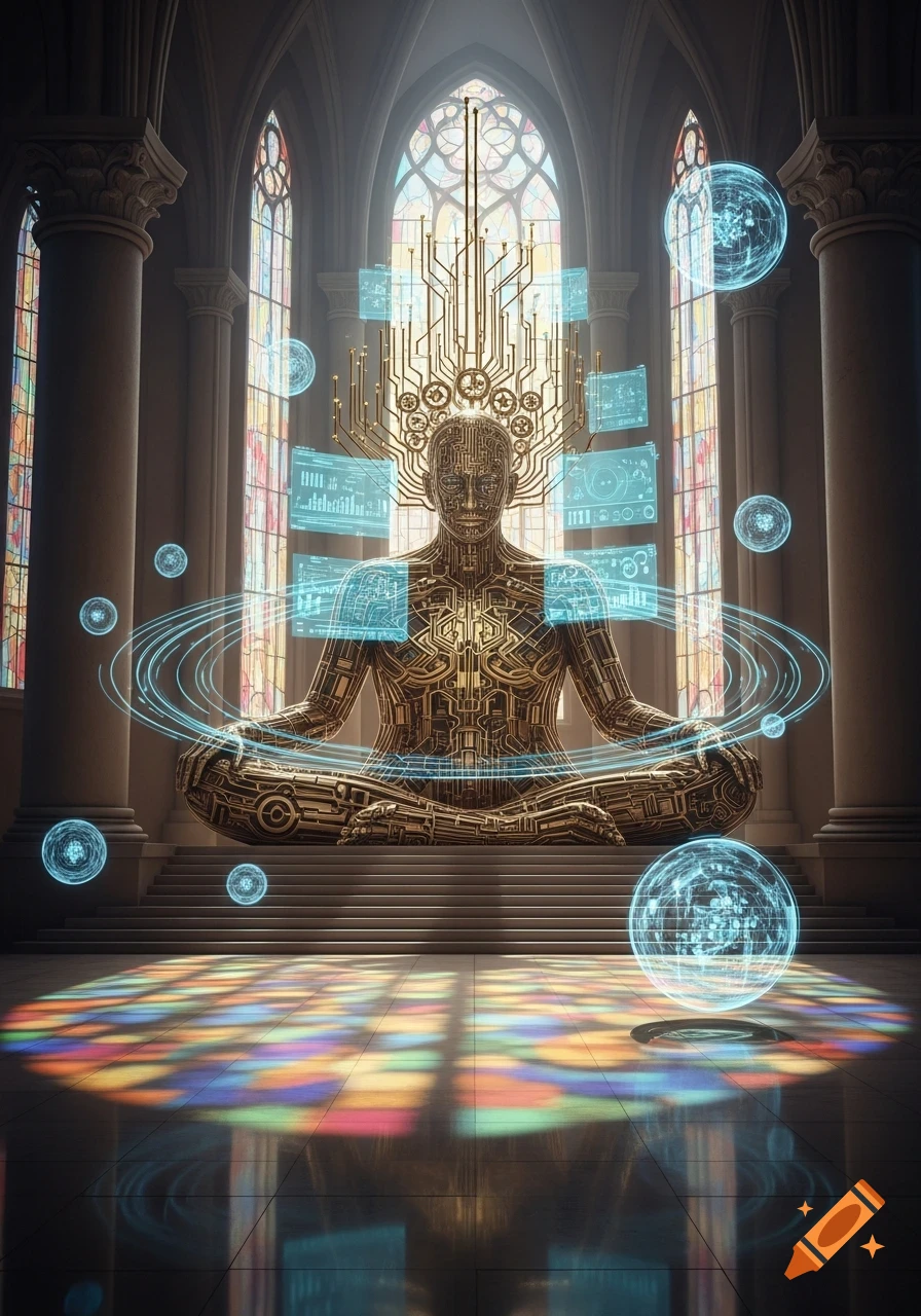 A golden, circuit-covered robot meditating in a grand church, surrounded by glowing blue holographic data and stained glass light.