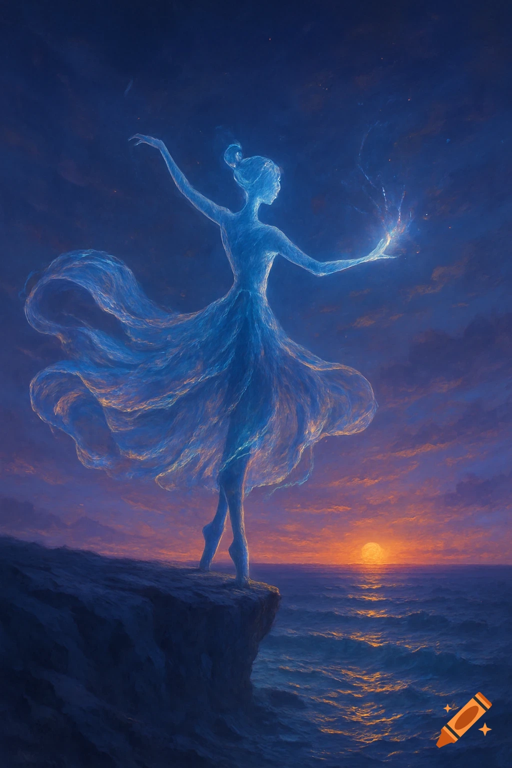 Ethereal blue ballerina figure dancing on a cliff overlooking a sunset ocean.