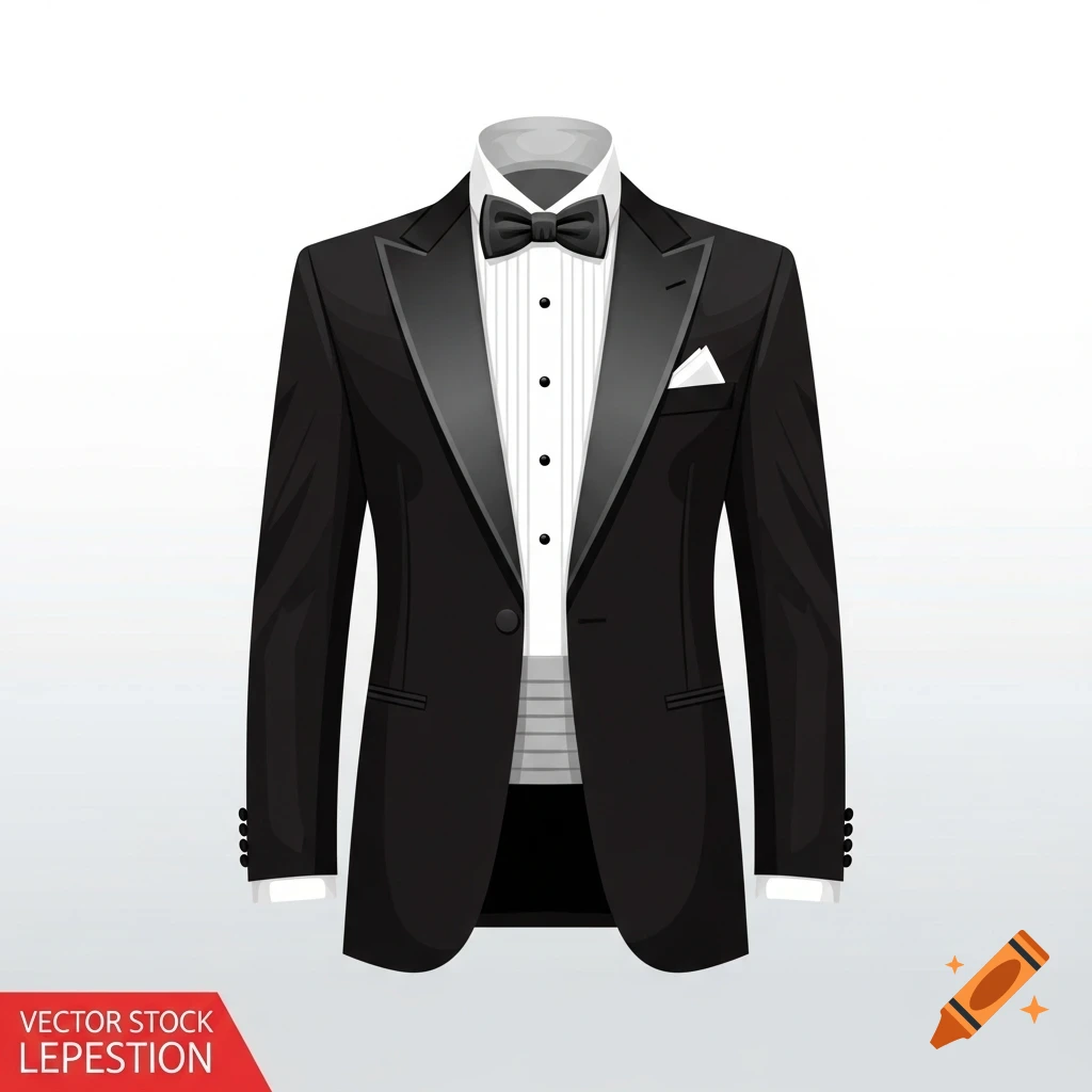 An illustrated black tuxedo jacket with a white shirt, black bow tie, and white pocket square.