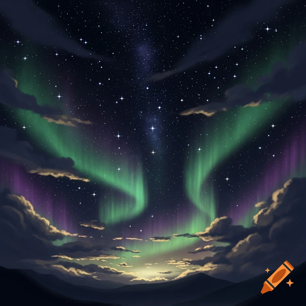 Green and purple aurora borealis illuminates a star-filled night sky above silhouetted mountains and clouds.