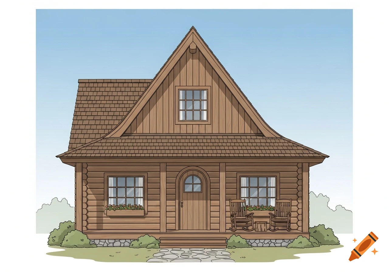 A front-facing 2D illustration of a rustic log cabin with a porch, rocking chairs, and flower boxes under a clear sky.