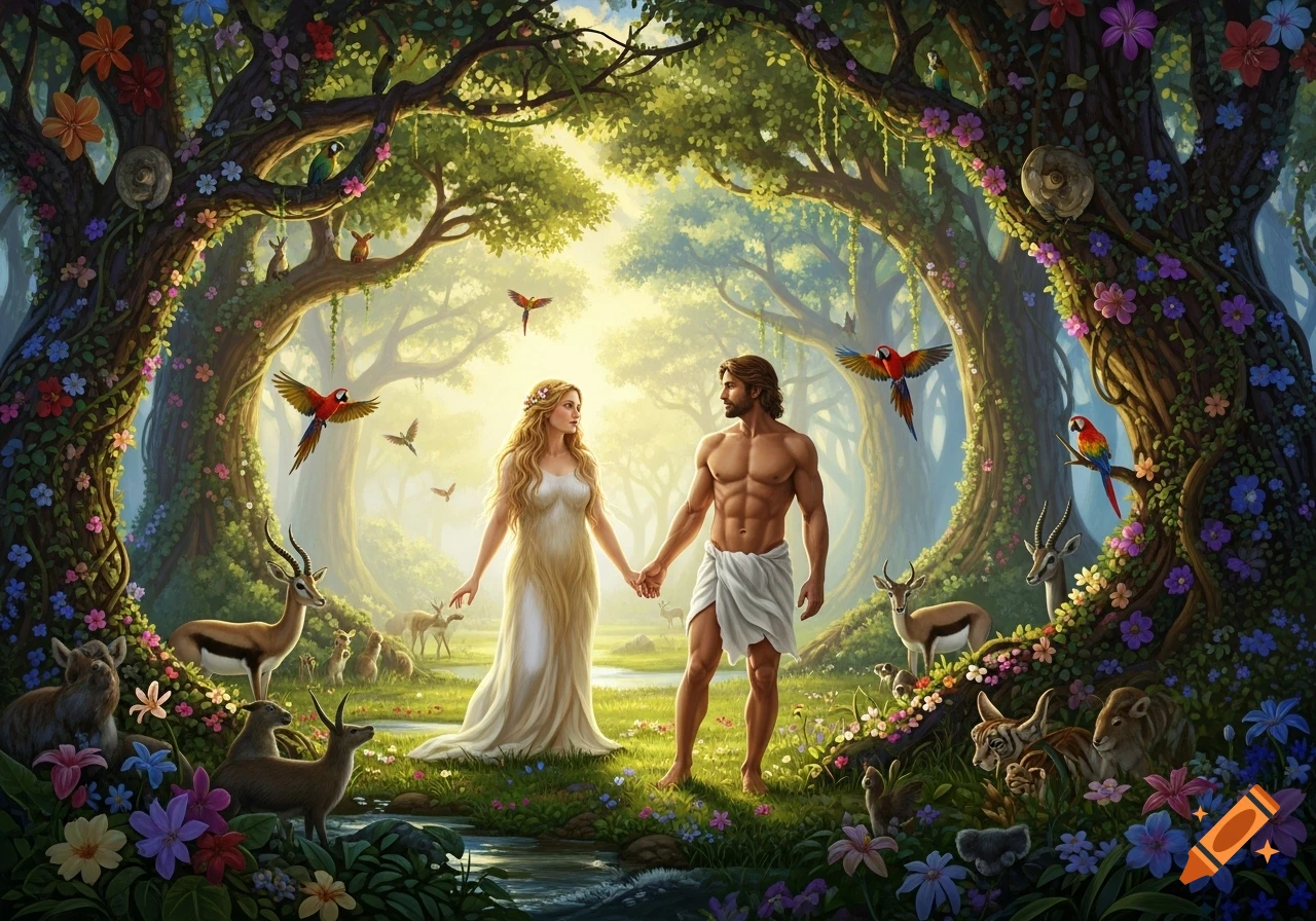 Adam and Eve holding hands in a lush, vibrant paradise garden with various animals and colorful flowers, in a detailed digital painting.