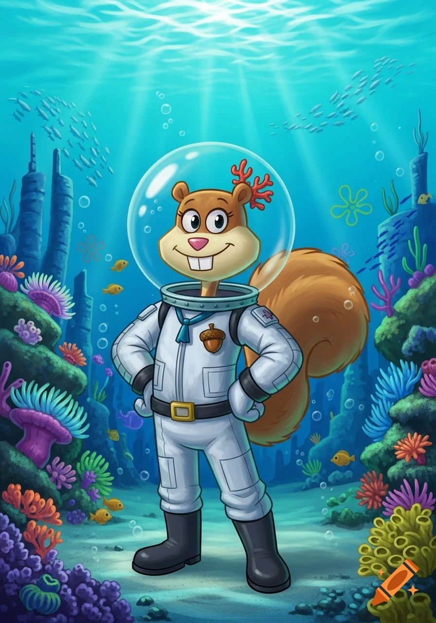 Sandy Cheeks, a cartoon squirrel in a white space suit, stands underwater surrounded by colorful coral and fish, with sun rays from above.