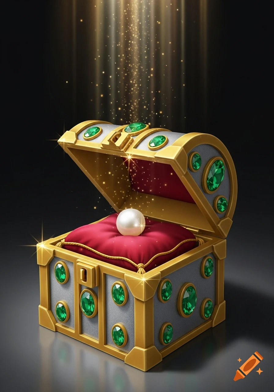 An open gold and silver treasure chest adorned with green emeralds, holding a white pearl on a red pillow. Golden light rays and glitter shine from above.