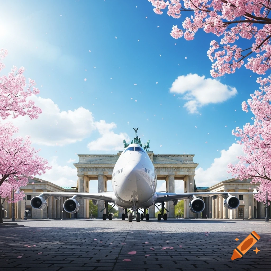 A large white Boeing 747 airplane parked in front of the Brandenburg Gate, framed by vibrant pink cherry blossoms on a sunny day.