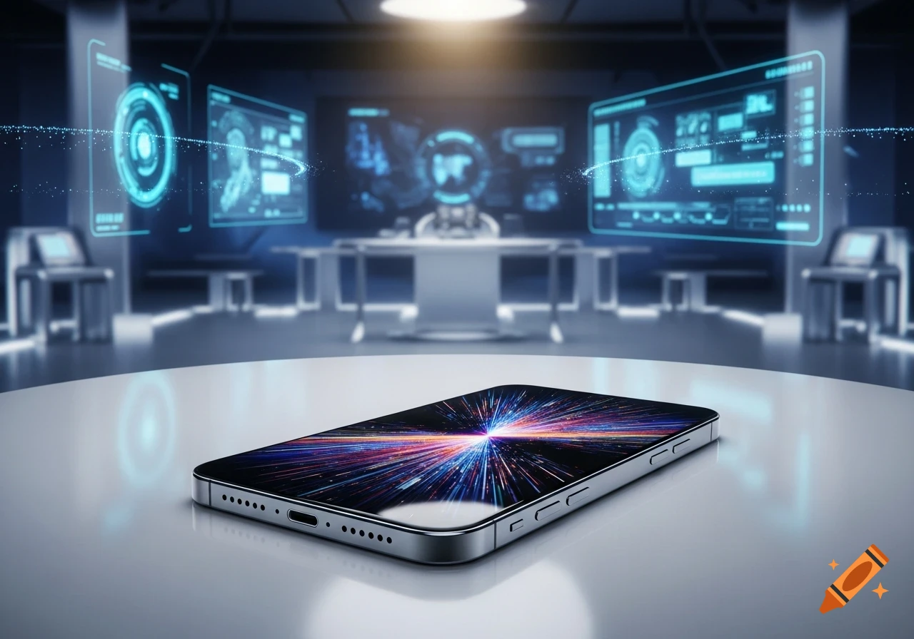 A modern smartphone with a colorful, light-burst screen lies on a white table in a futuristic room with blue holographic screens.
