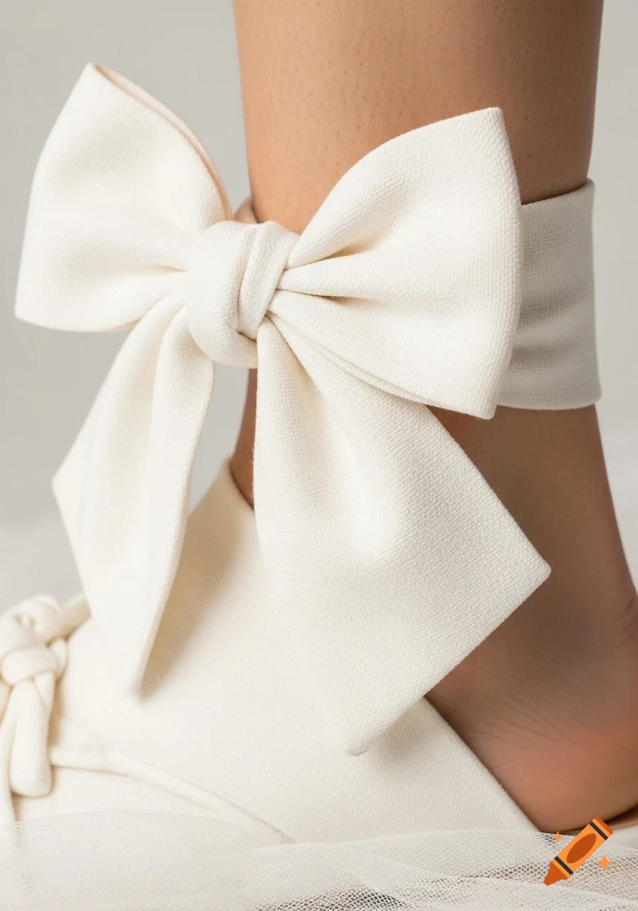 Hyperrealistic close-up of a large cream fabric bow tied dramatically around an ankle, emphasizing textile texture and soft shadows.