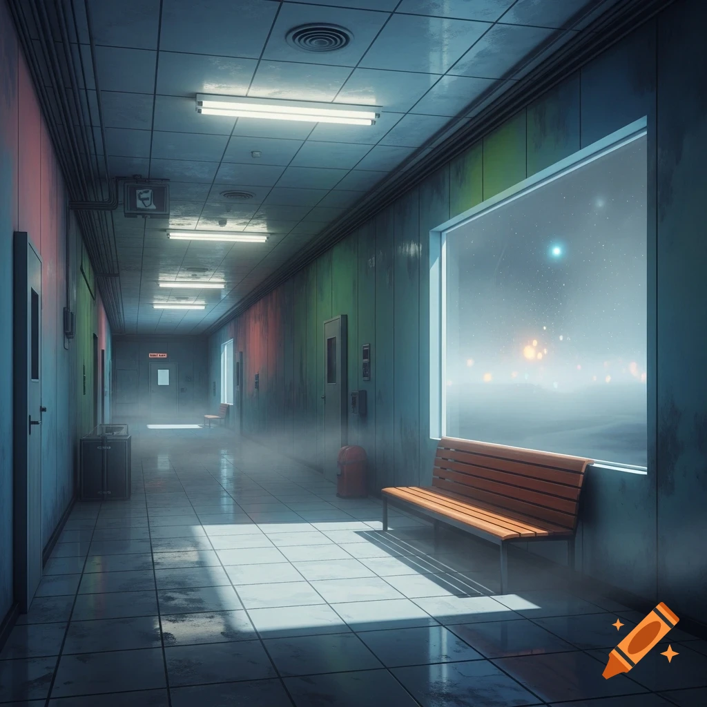 A long, dimly lit, misty hallway with a large window looking out to space, and a wooden bench.