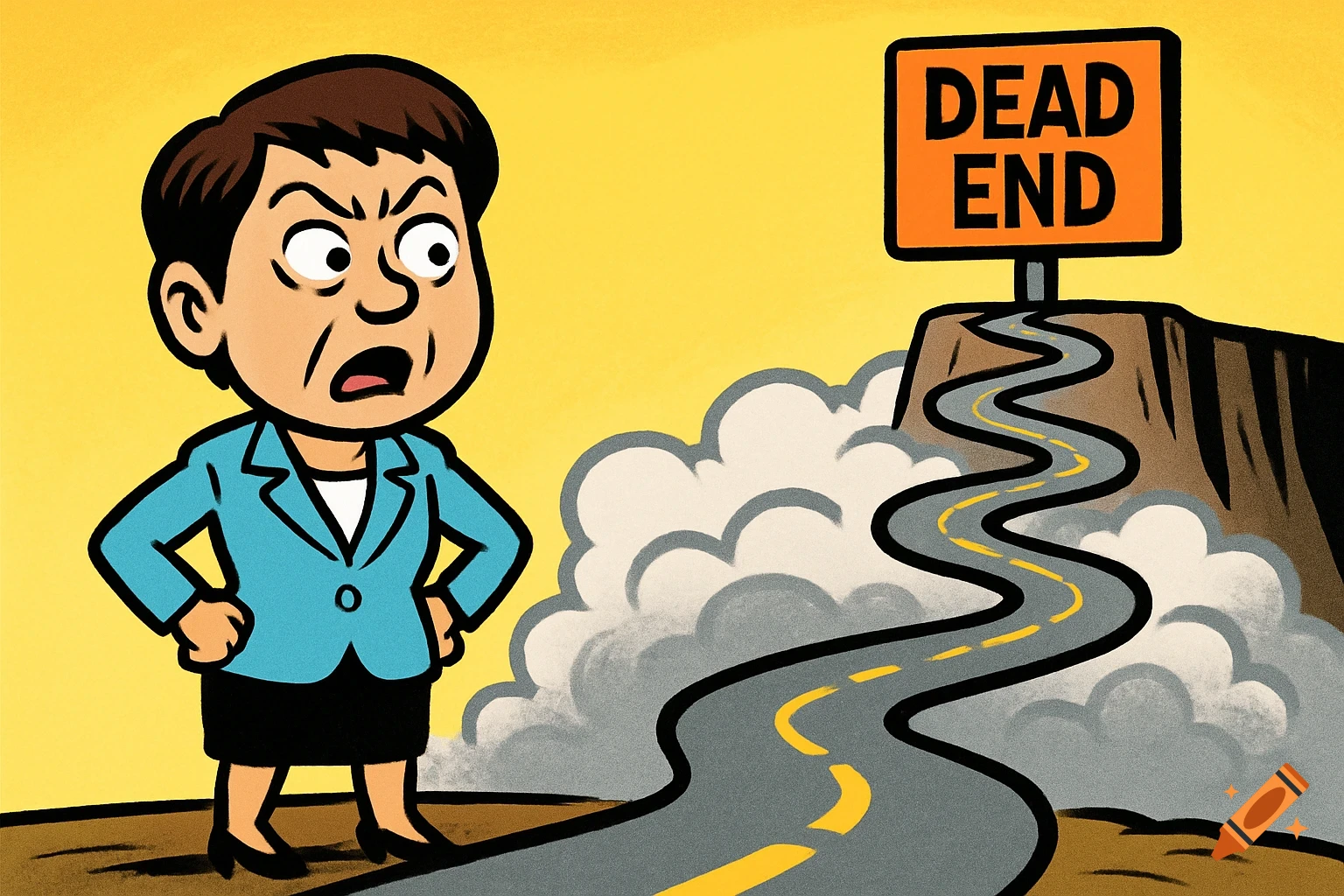 Cartoon of a confused politician looking at a 'DEAD END' sign on a winding road.