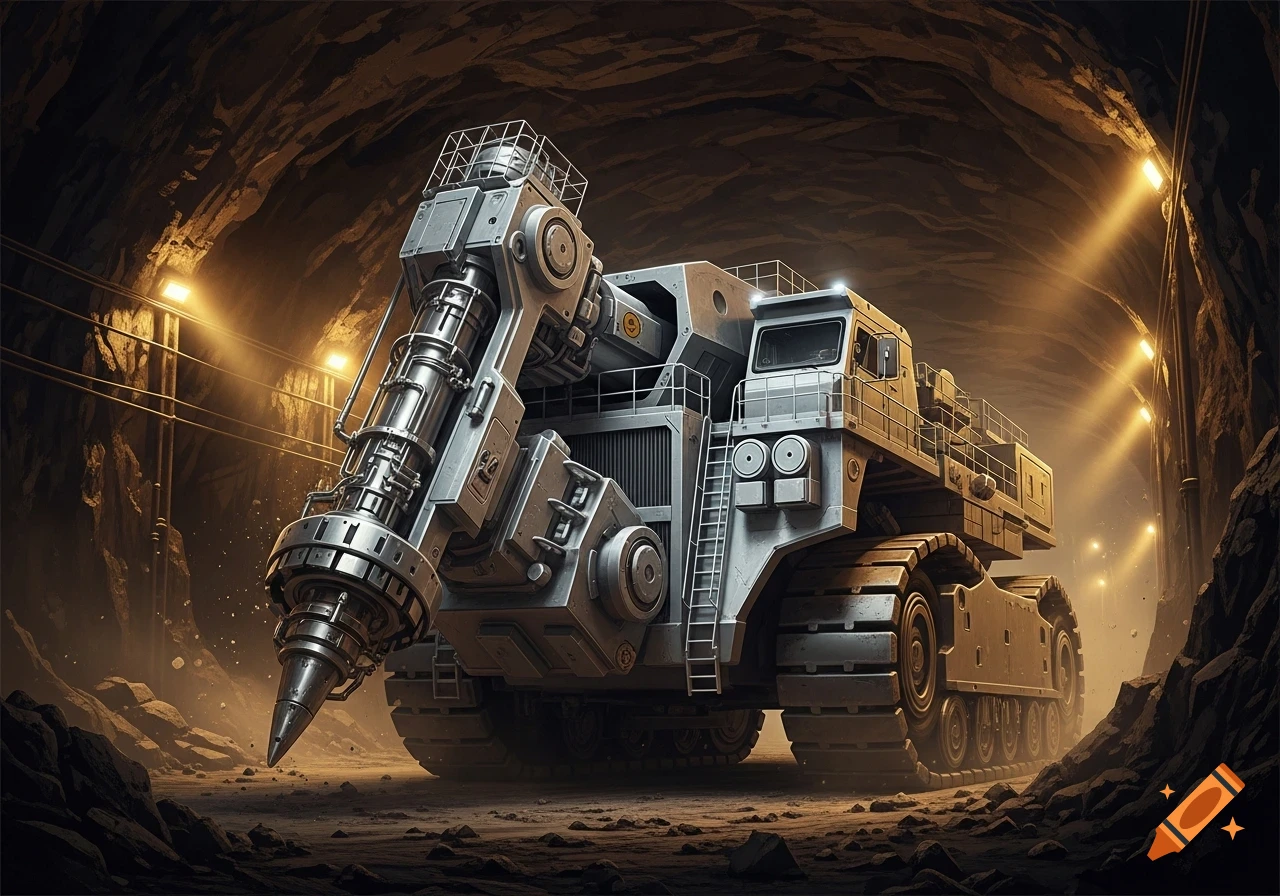 A massive silver mining vehicle with a large drill on its front stands inside a brightly lit cave.