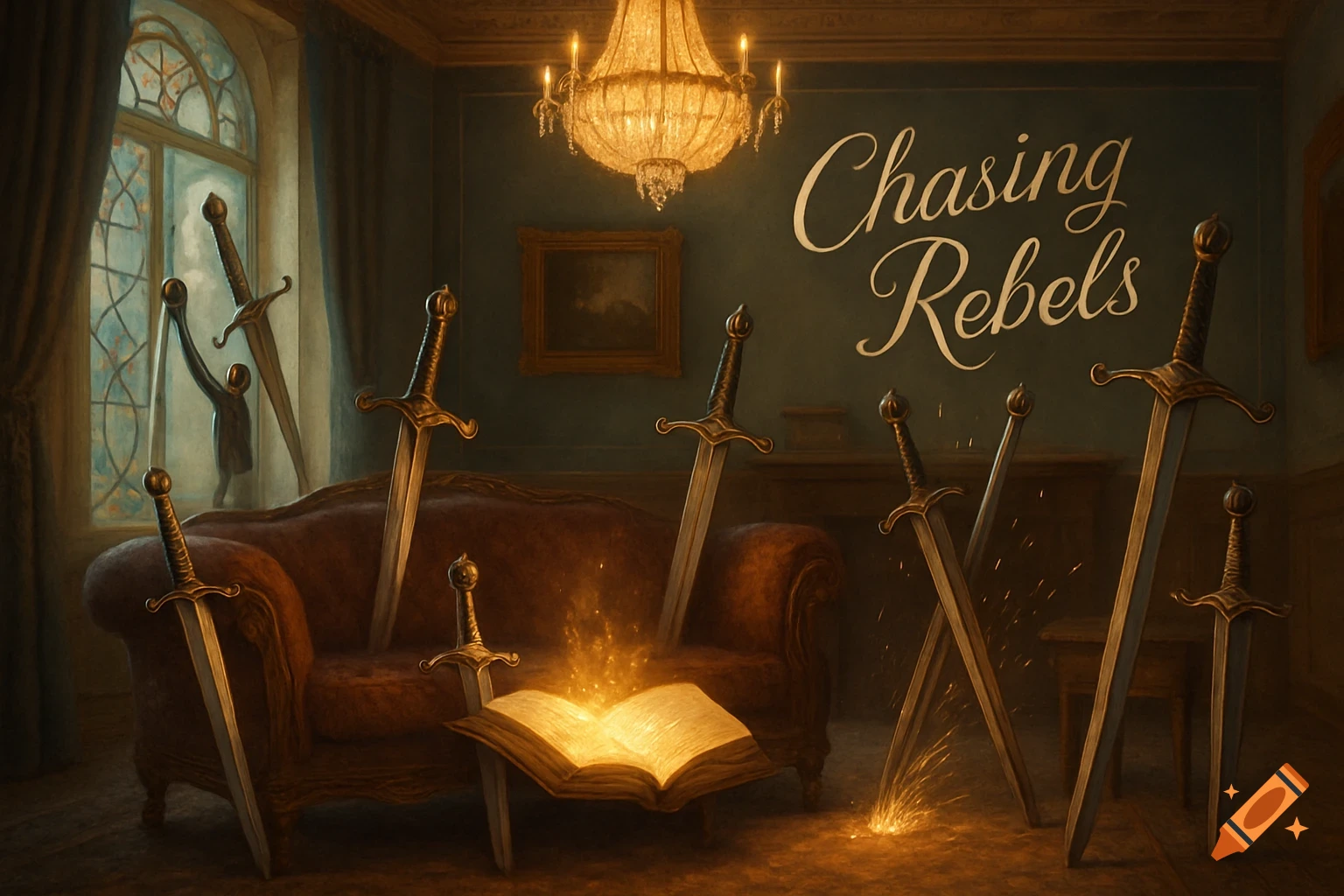 Swords arranged in a dimly lit room, some around a glowing book on a couch, others sparking and near a window, with 'Chasing Rebels' on the wall.