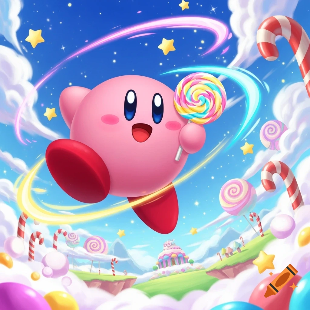 Happy Kirby flying with a colorful lollipop in a vibrant candy-themed fantasy world with floating islands.