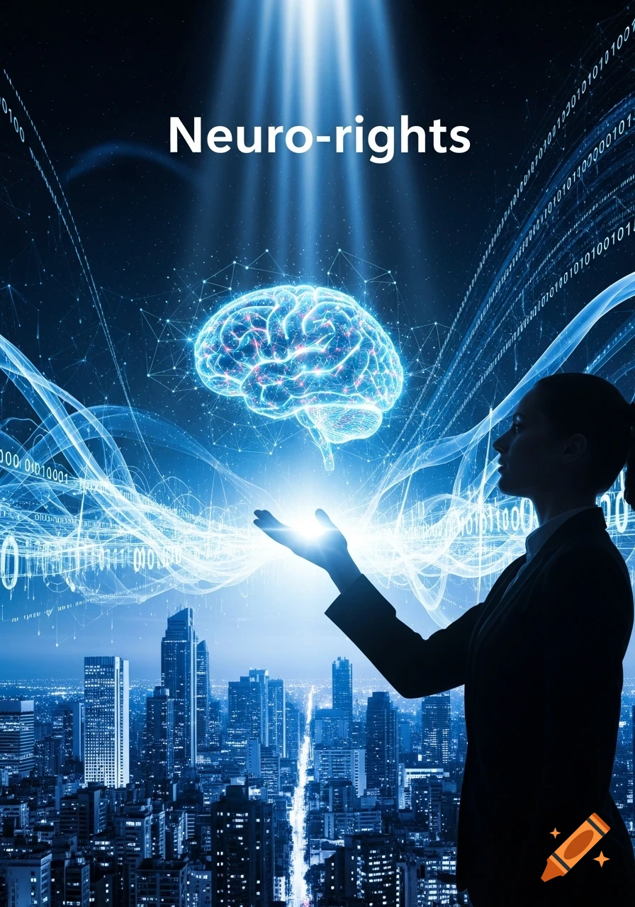 A silhouette holds a glowing brain above a futuristic city with binary code and light rays, representing neuro-rights.