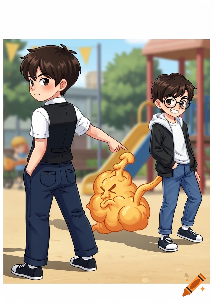 Two anime-style boys in a playground, one pointing at a large, cartoonish fart cloud emerging from the other's rear.