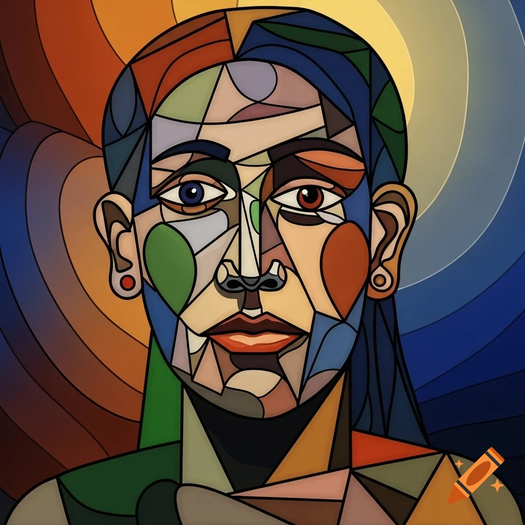 A cubist portrait in a stained-glass style, featuring a face composed of geometric shapes and vibrant colors against an abstract background.