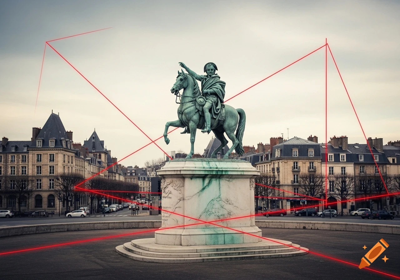 Equestrian statue of Napoleon I in a city square in Rouen, France, with red lines overlaid, photorealistic.