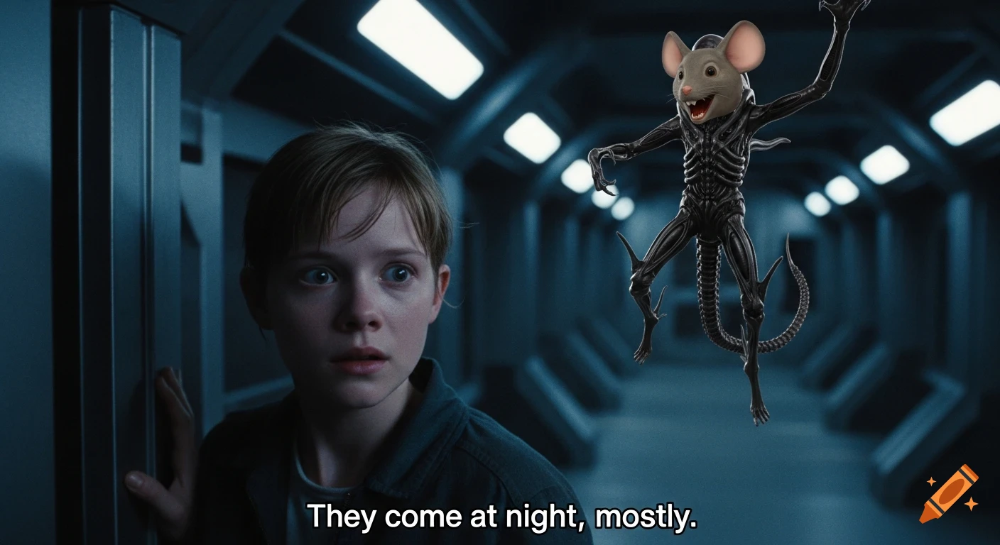 A scared young girl named Newt looks on as a cartoon mouse-headed Xenomorph creature leaps in a dark, futuristic spaceship corridor with the subtitle 'They come at night, mostly.'