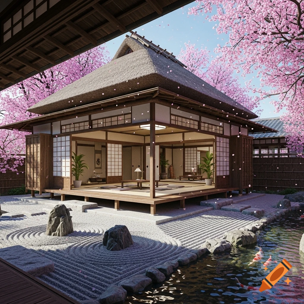 A traditional Japanese house with a thatched roof, surrounded by a zen garden, a koi pond, and blooming cherry blossom trees under a clear sky.