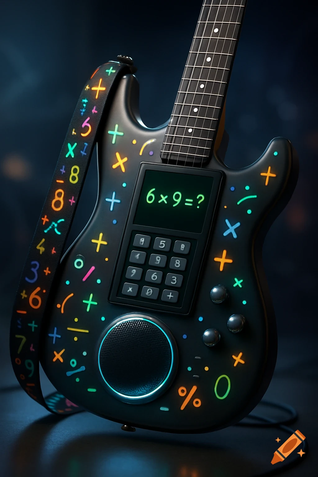 A dark electric guitar with a screen showing '6x9=?', a keypad, a speaker, and glowing mathematical symbols on its body and strap.
