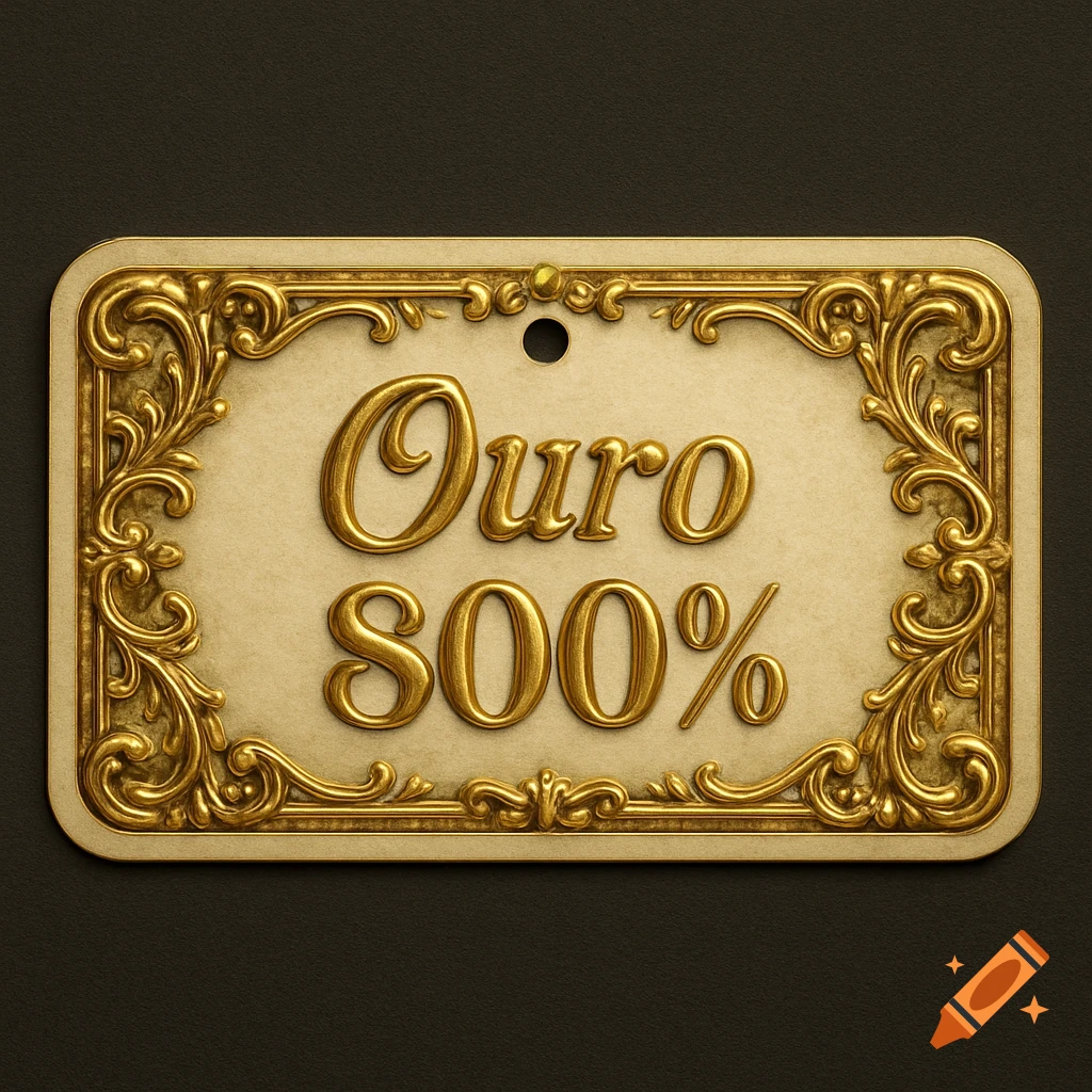 A rectangular gold-bordered plaque with 'Ouro 800%' embossed in gold, set against a dark background.