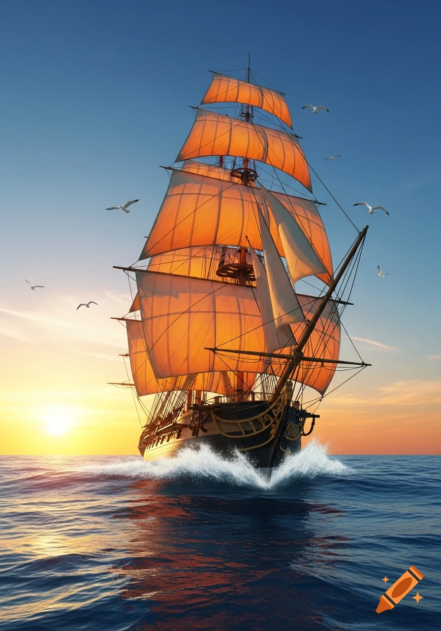 A majestic frigate with vibrant orange sails sails on the blue ocean waves at sunset, with seagulls flying in the sky. Photorealistic style.