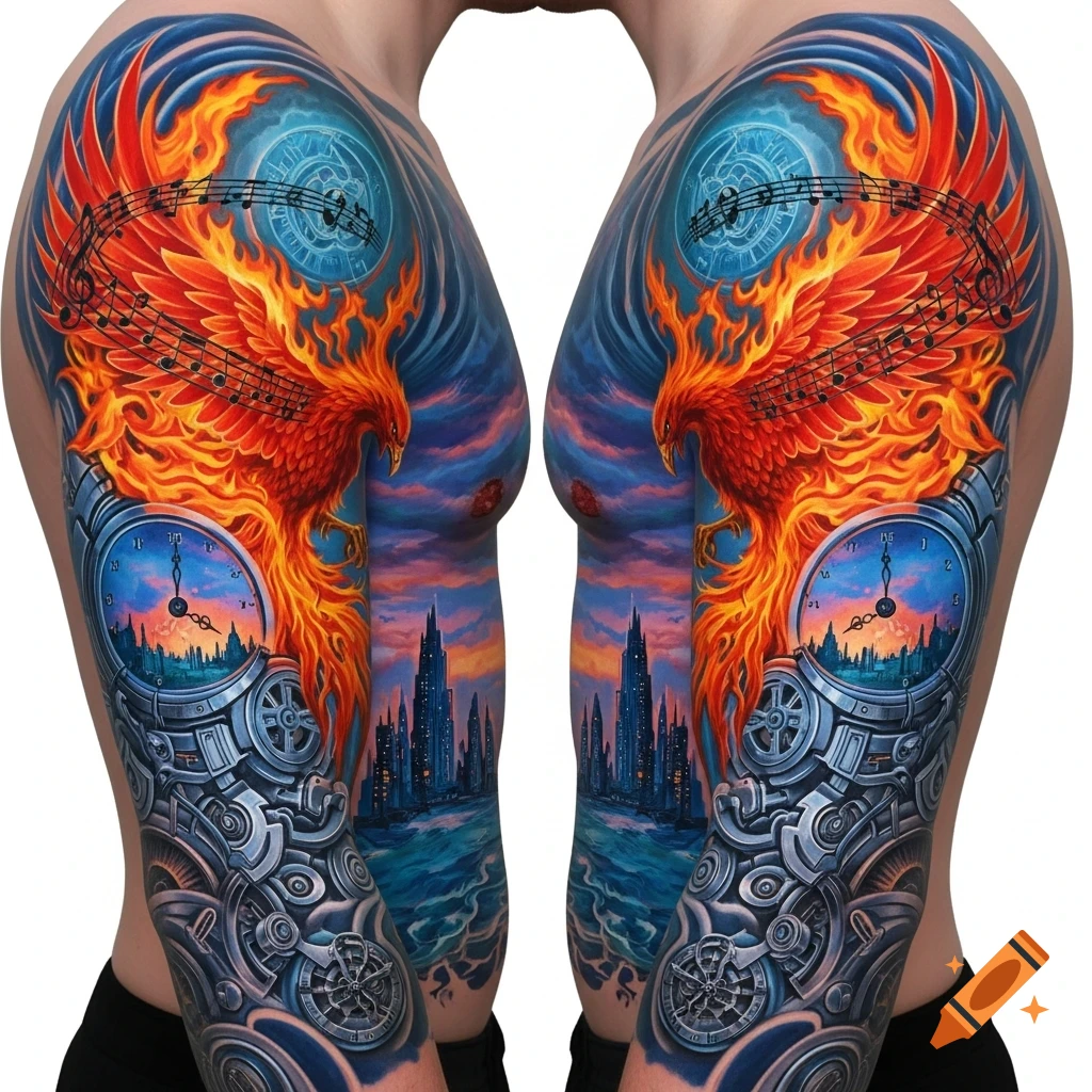 Vibrant full-sleeve tattoo featuring a fiery phoenix, clocks, mechanical gears, musical notes, and a futuristic cityscape at sunset.