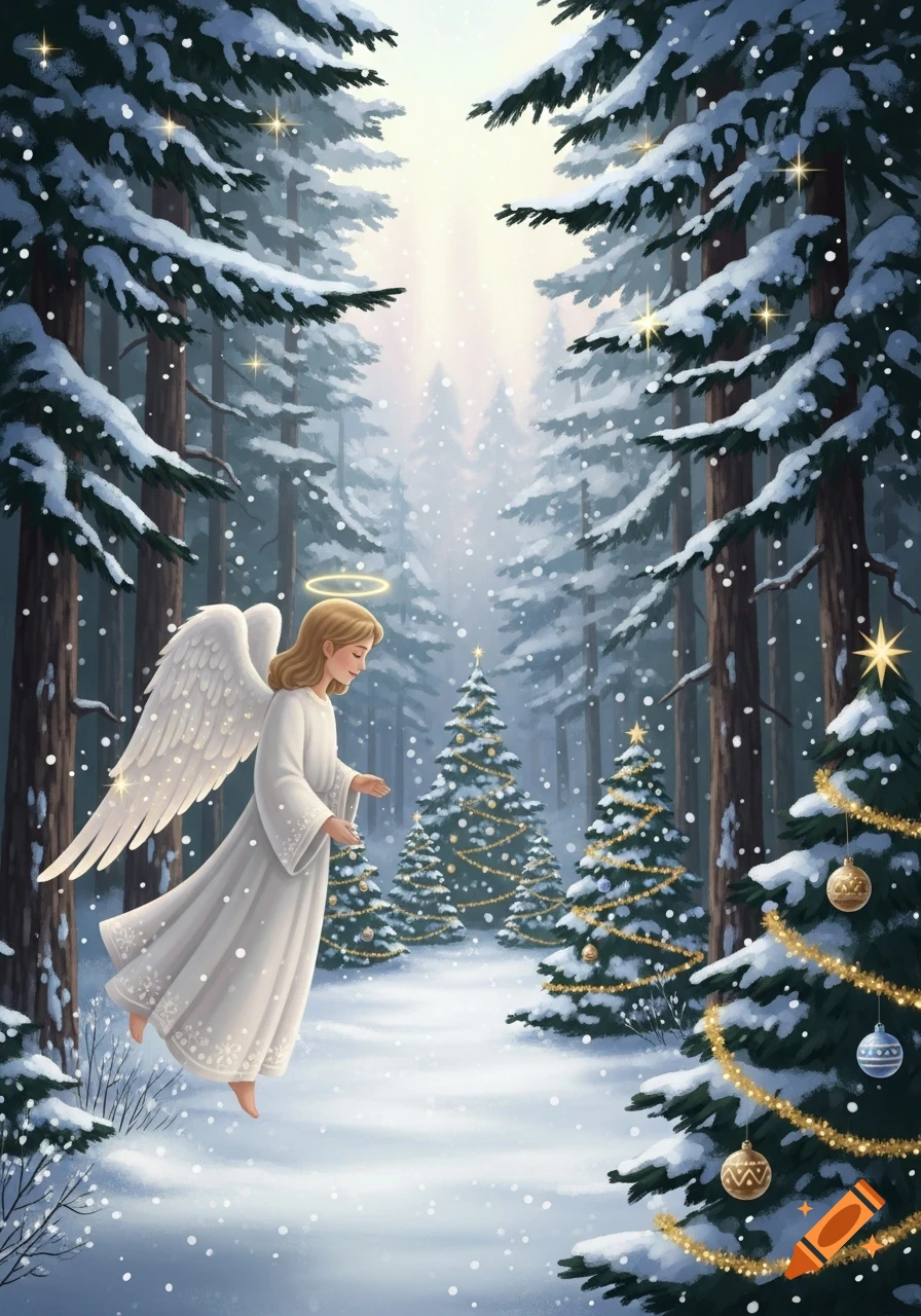 An illustrated angel with white wings and a halo floats in a snowy forest surrounded by decorated Christmas trees.