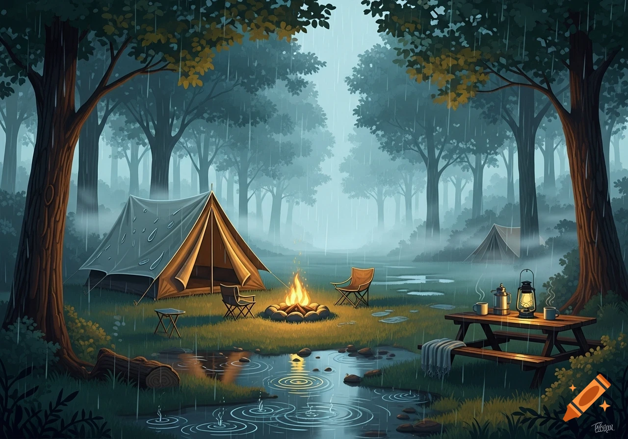 An illustrated camping scene in a rainy forest, featuring tents, a glowing campfire, a picnic table, and chairs amidst puddles.