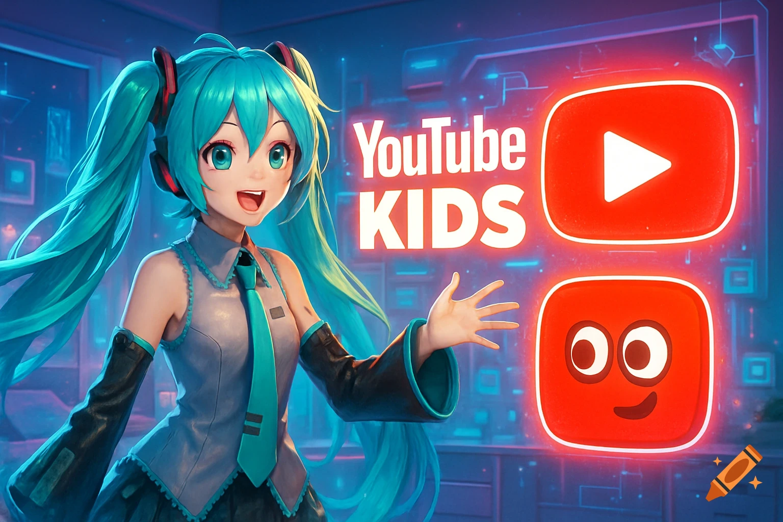 Hatsune Miku in an anime style poses next to a glowing YouTube Kids logo and app icon in a futuristic room.