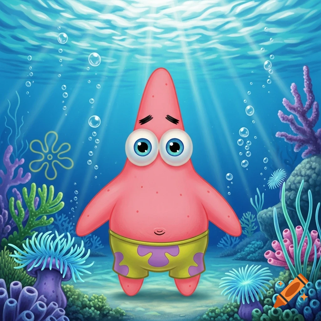 Cartoon Patrick Star with huge googly eyes standing on the ocean floor surrounded by colorful coral and anemones.