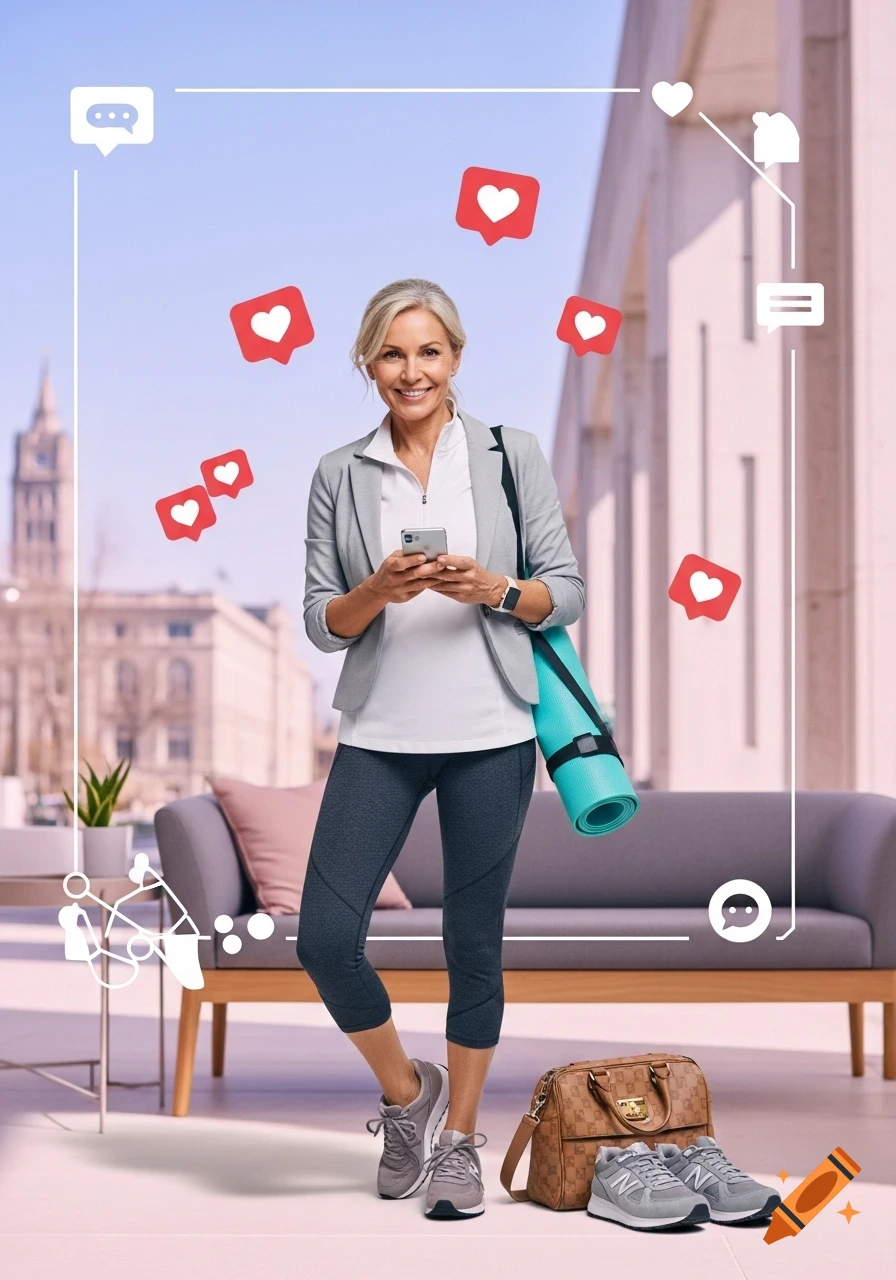 A smiling middle-aged woman in athleisure wear holds a phone and yoga mat, surrounded by social media icons in a modern setting.