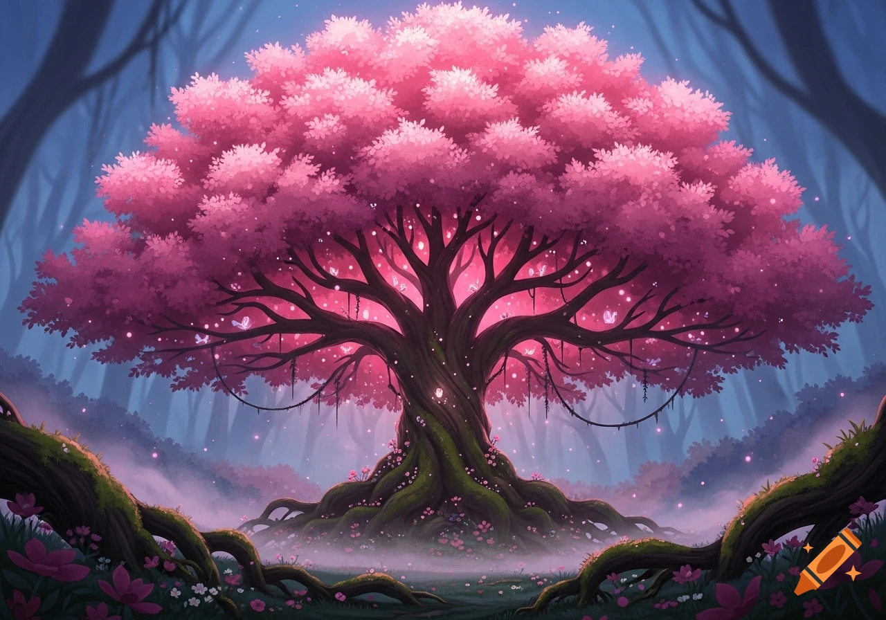 A vibrant, magical pink tree with glowing leaves and intricate roots in a mystical, foggy forest, stylized illustration.