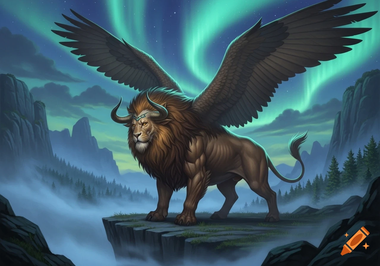A majestic winged lion-like chimera with bull horns stands on a cliff overlooking a misty forest under a vibrant aurora borealis sky.