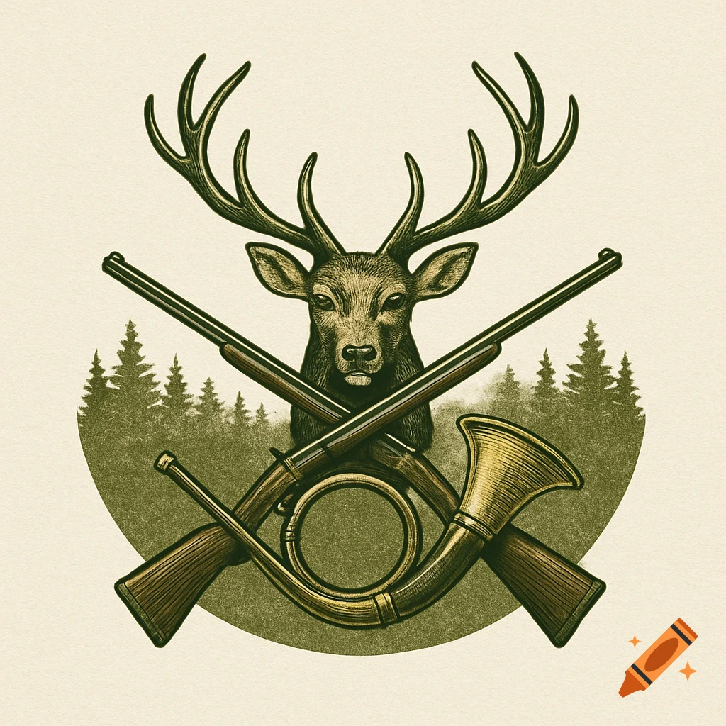 Classic logo with a deer head, crossed rifles, and a hunting horn in front of a forest silhouette.