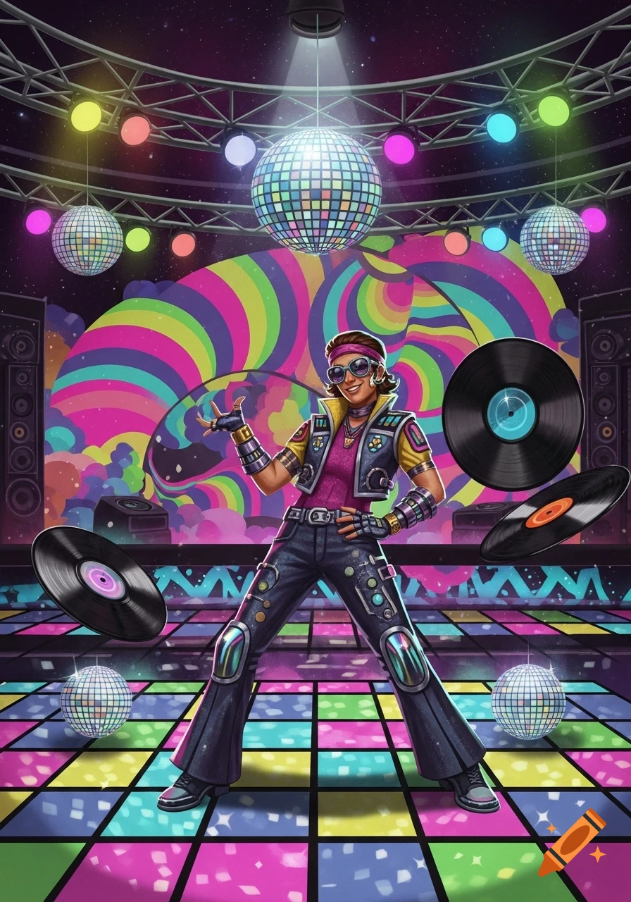 A vibrant, retro illustration of a person in a disco outfit posing on a light-up dance floor with disco balls and records.