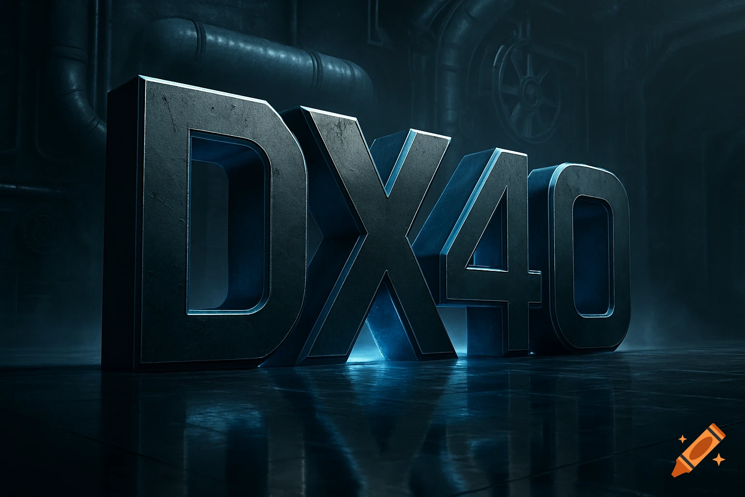 Metallic 3D text 'DX40' with blue glowing accents on a dark, reflective industrial floor.