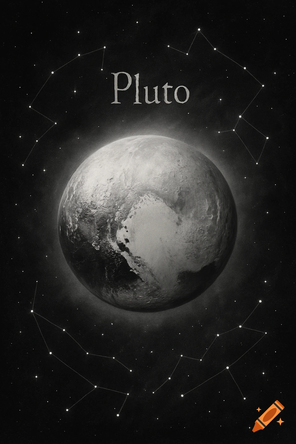 Black and white illustration of Pluto centered in space, surrounded by faint stars and constellations, with the name "Pluto" above it.