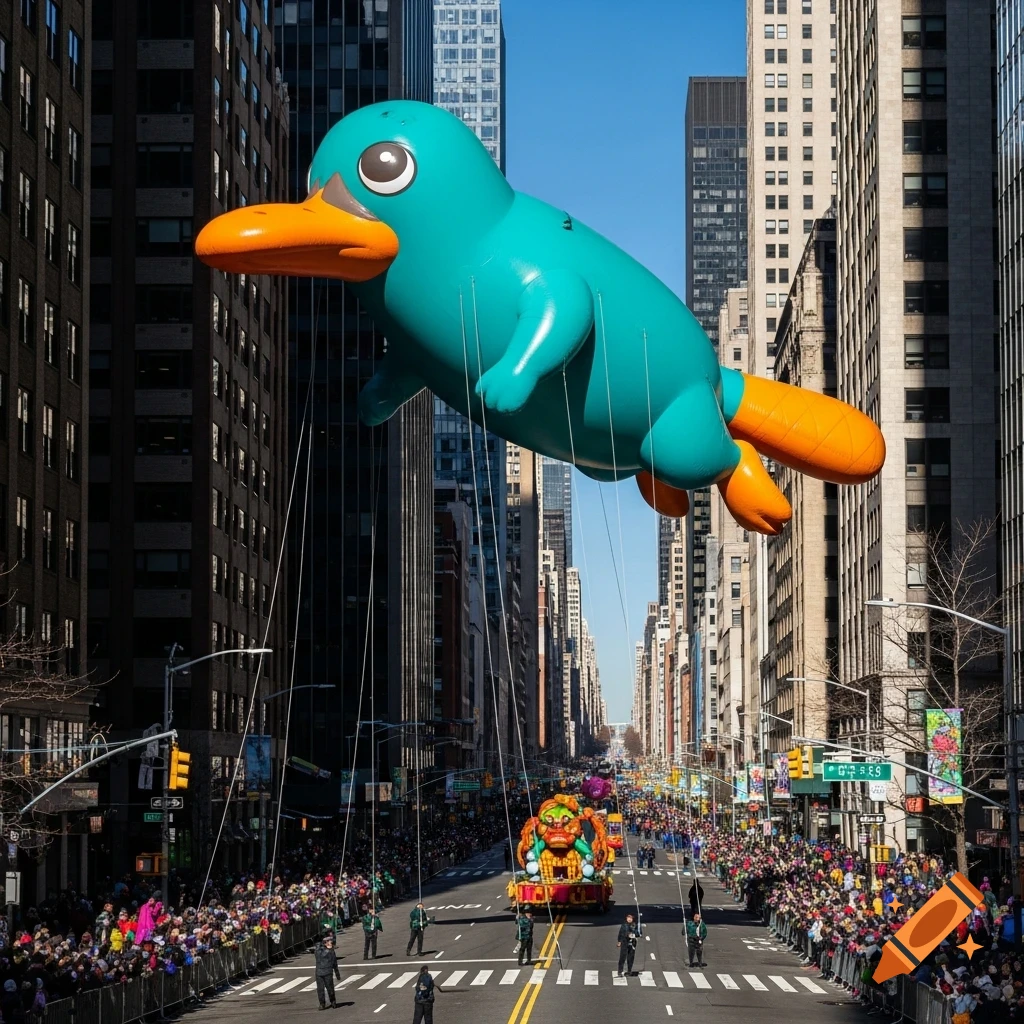 A giant Perry the Platypus balloon floats high above a city street during a parade, with skyscrapers and crowds below.