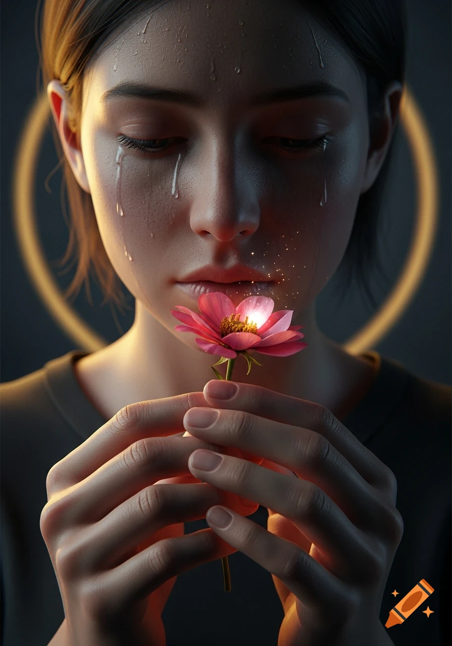 An ultra-realistic digital portrait of a person crying, holding a glowing pink flower, conveying melancholy and hope.