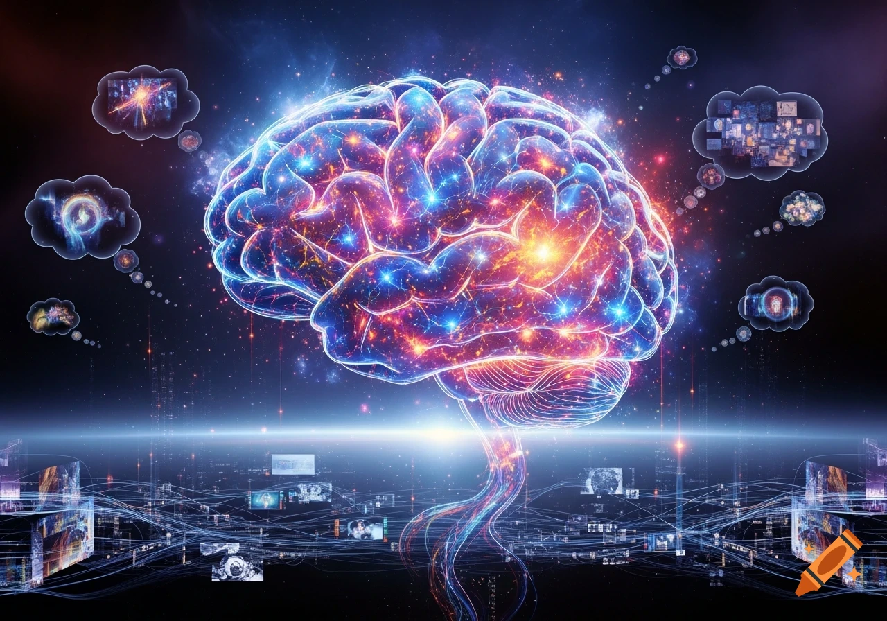 A glowing, highly detailed brain with vibrant blue and red neural activity, surrounded by abstract thought bubbles and data streams against a dark, starry background.